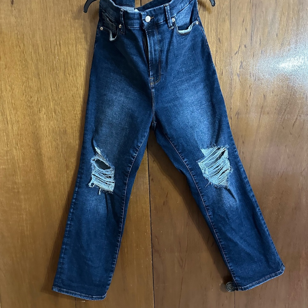 Good American Blue Ankle Cropped Jeans with Distressed Rips